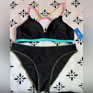 Cupshe Black Bikini with Aqua, Yellow & Pink Details
